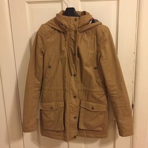 Tan fall coat with flannel hood